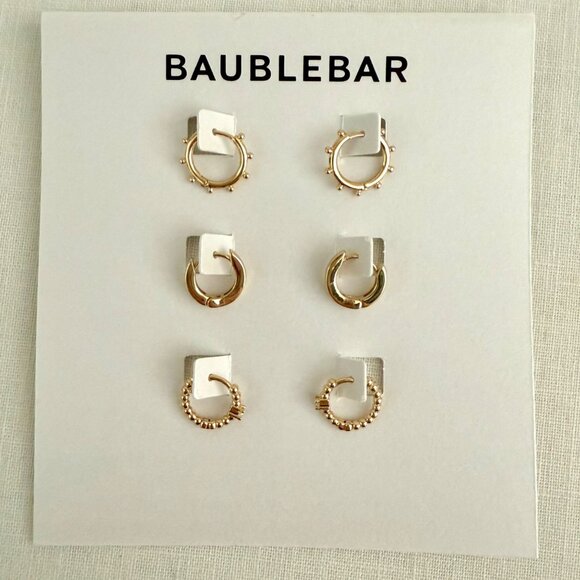 BaubleBar Delicate Trio Huggie Hoop Earrings Set Gold Tone New With Tags - Picture 1 of 7